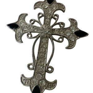 Silver Tone Cross Pendant With Crystal Rhinestones & Black Accents Religious